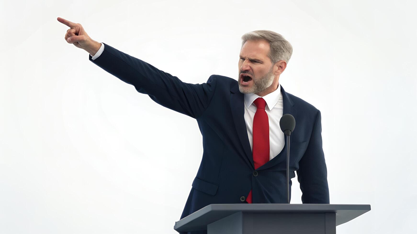 Man Speaking Angrily at Podium with Pointing Gesture photo