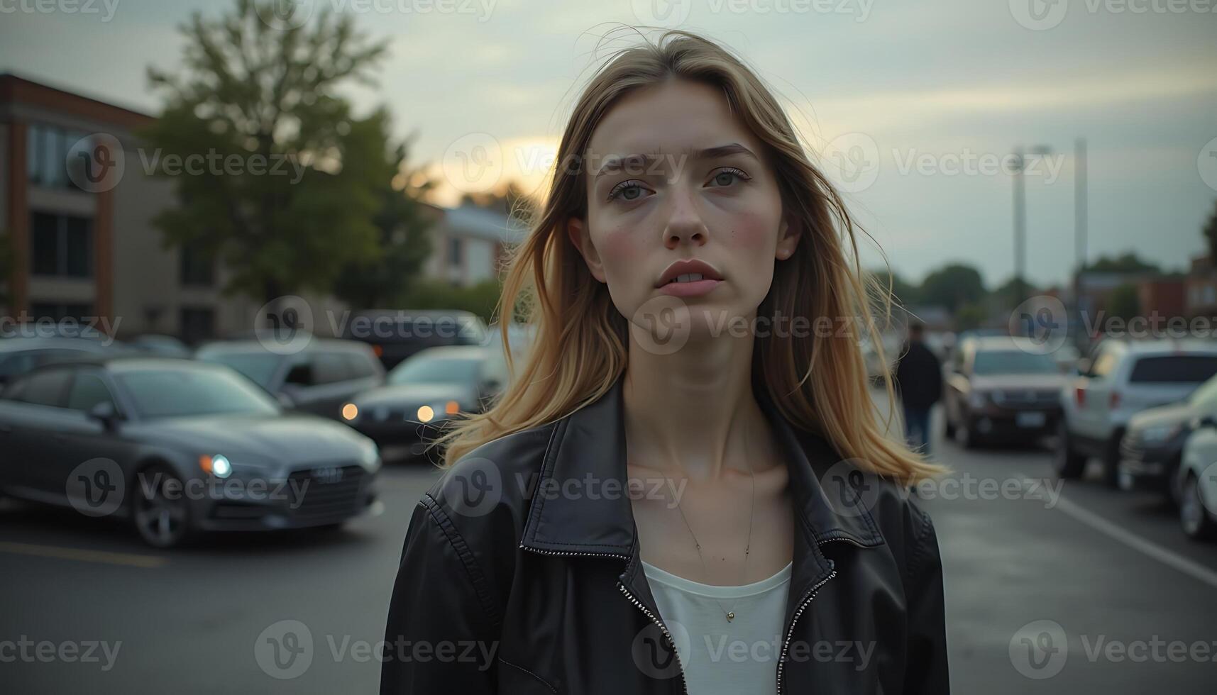 A woman standing in the middle of a parking lot photo
