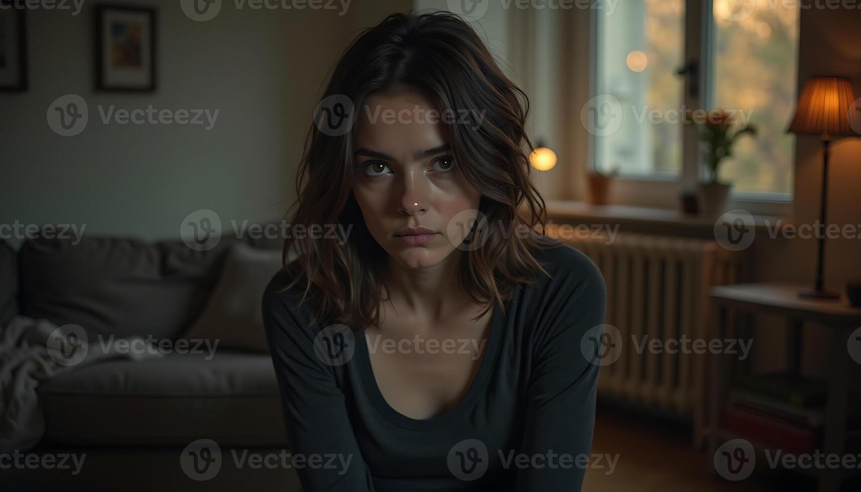 A woman sitting in a living room with a lamp on photo