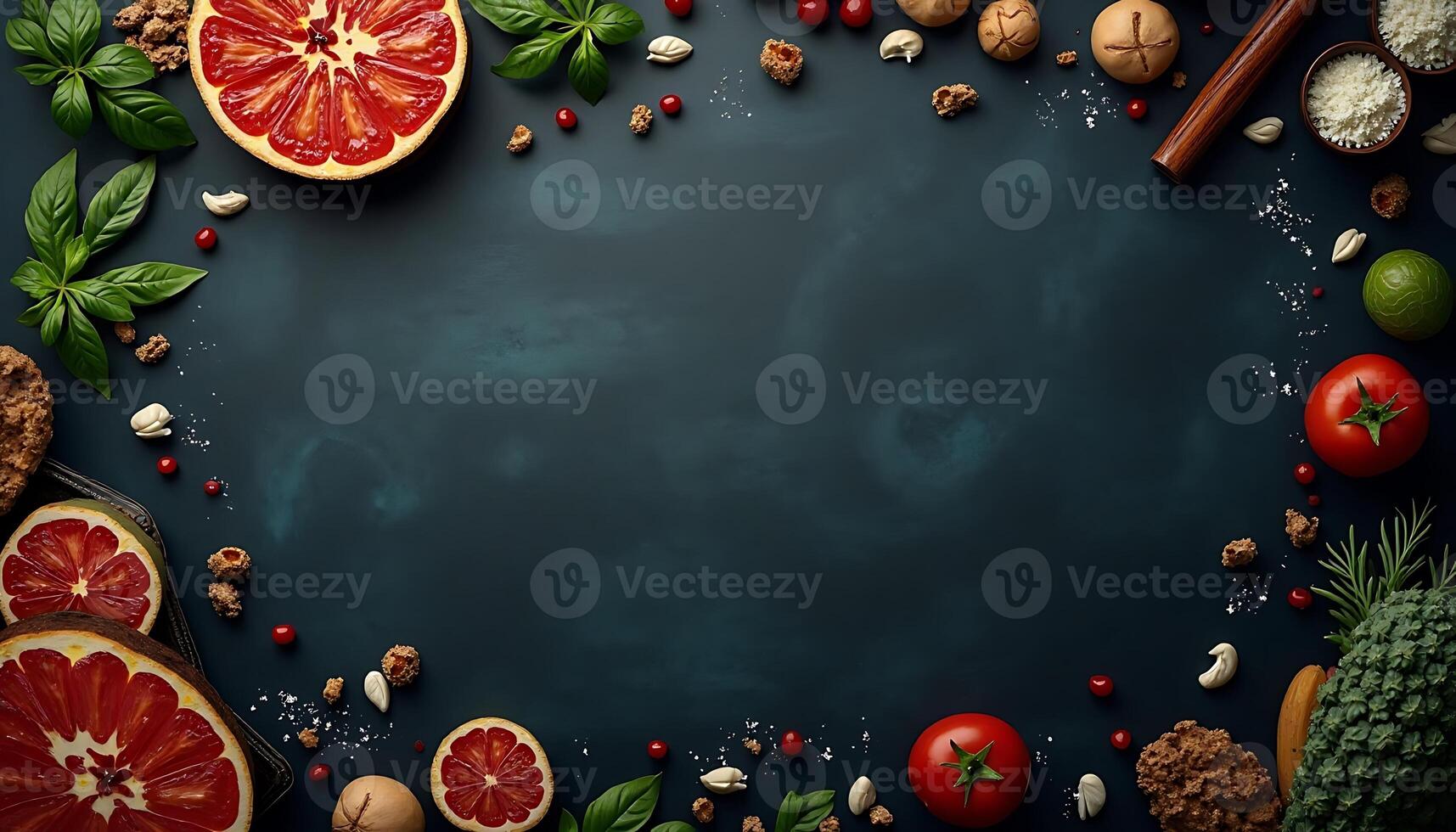 Various fruits and vegetables arranged around a black background photo