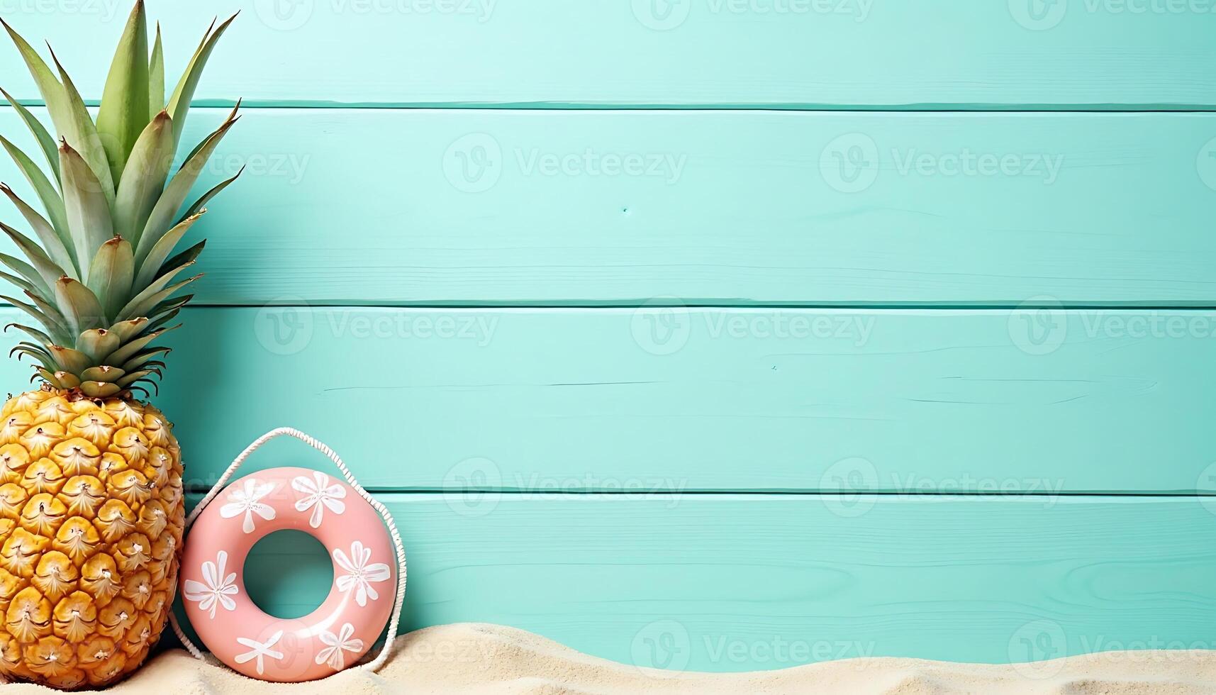 Pineapple and life preserver on the beach photo