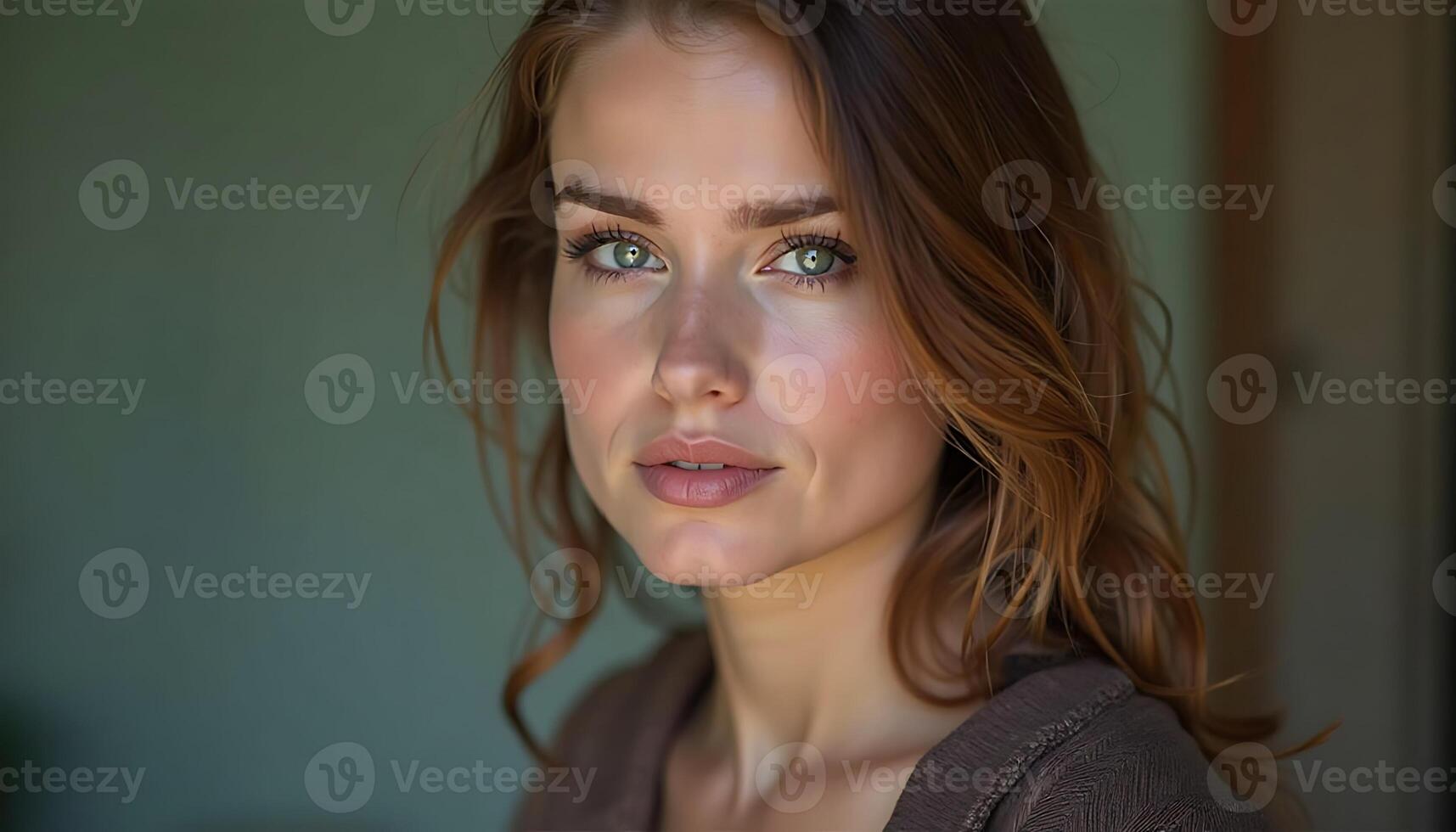 A woman with brown hair and blue eyes photo