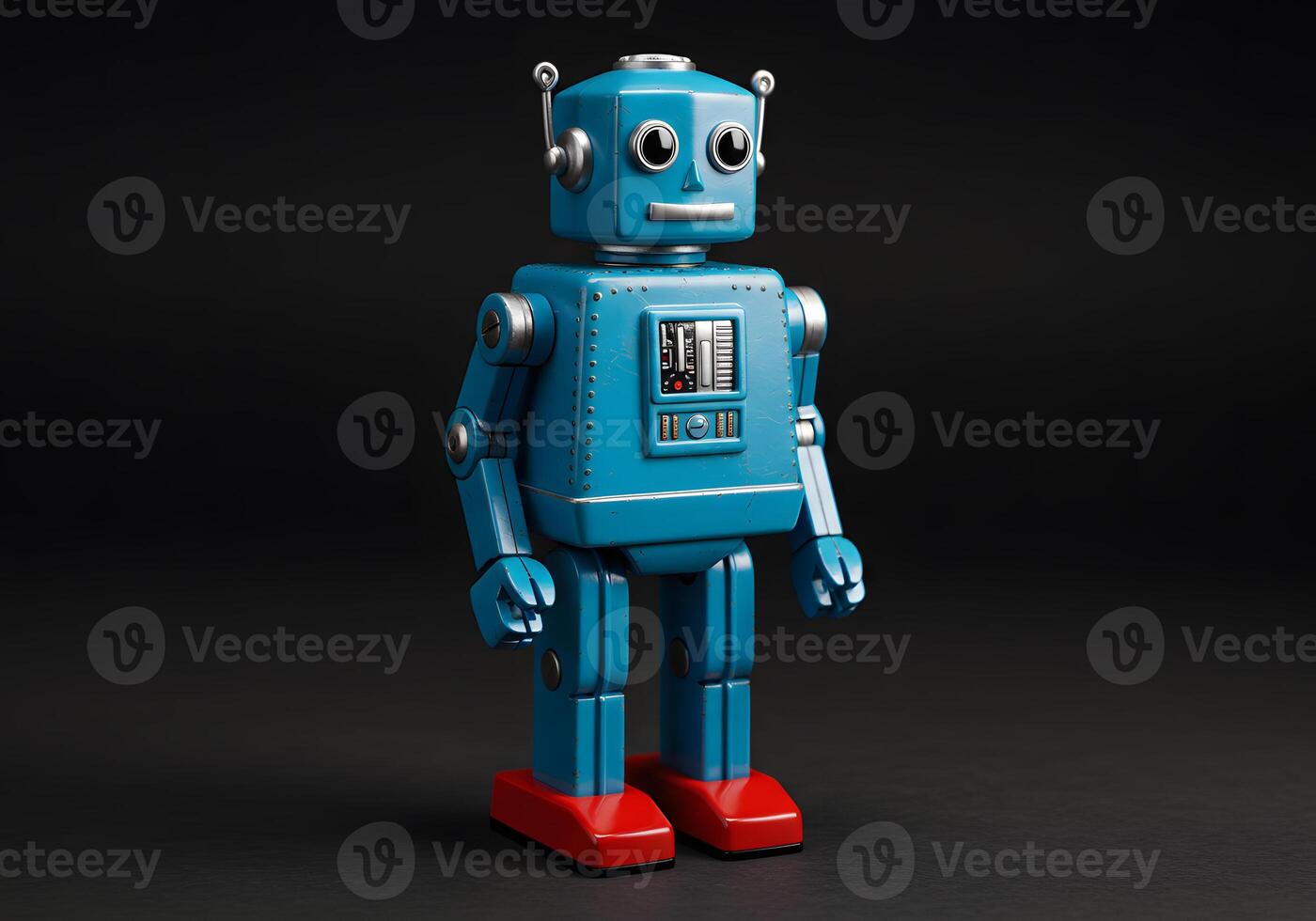 Retro robot with blue body and red feet against dark backdrop photo