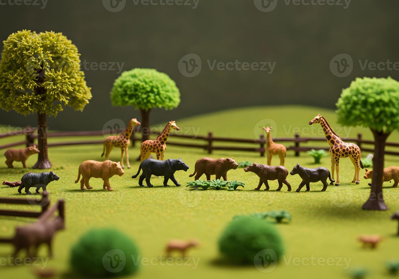 Miniature animals in green field with trees and fence for creative concept photo