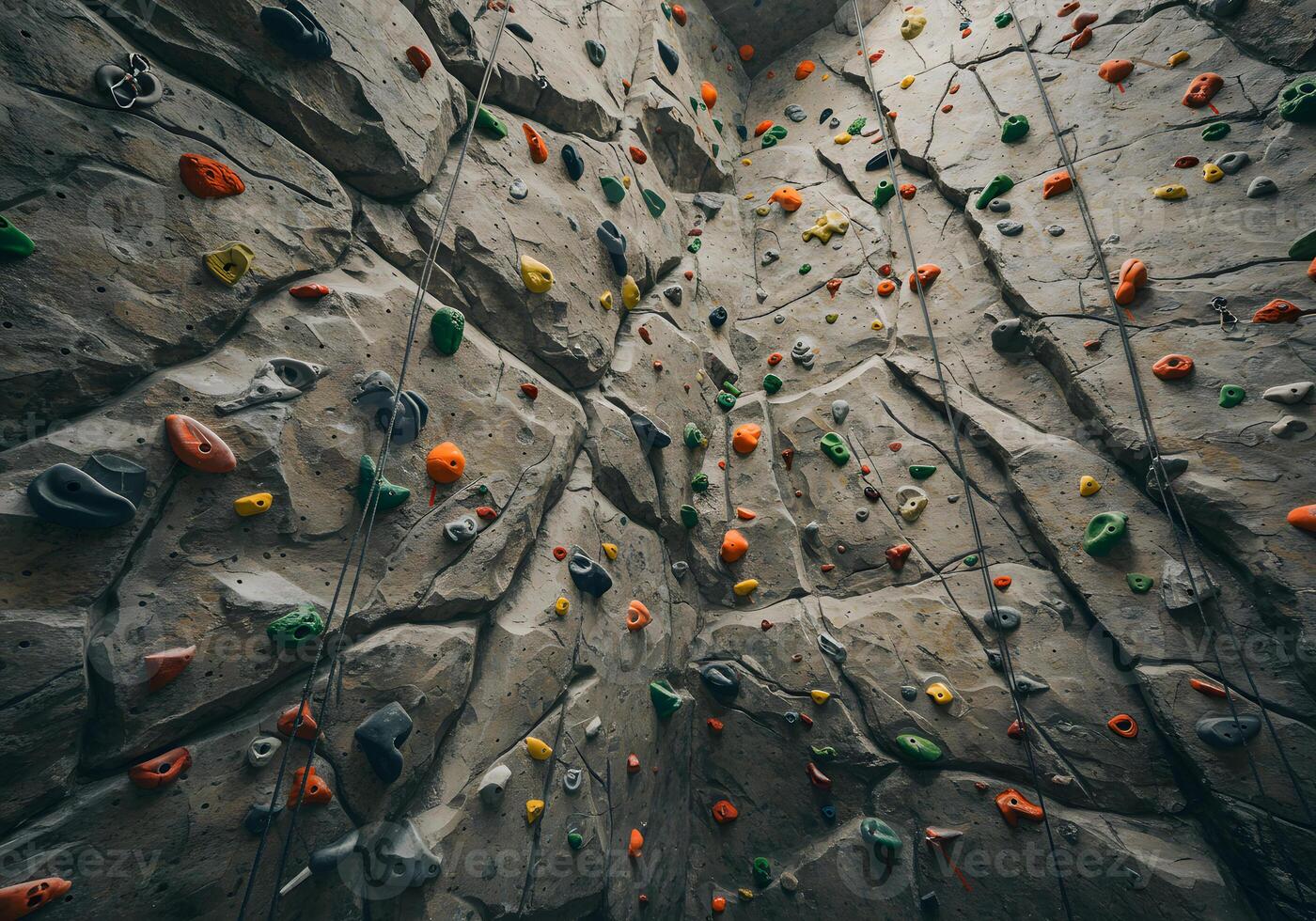 Climbing wall with colorful holds detailed texture for fitness or sport background photo