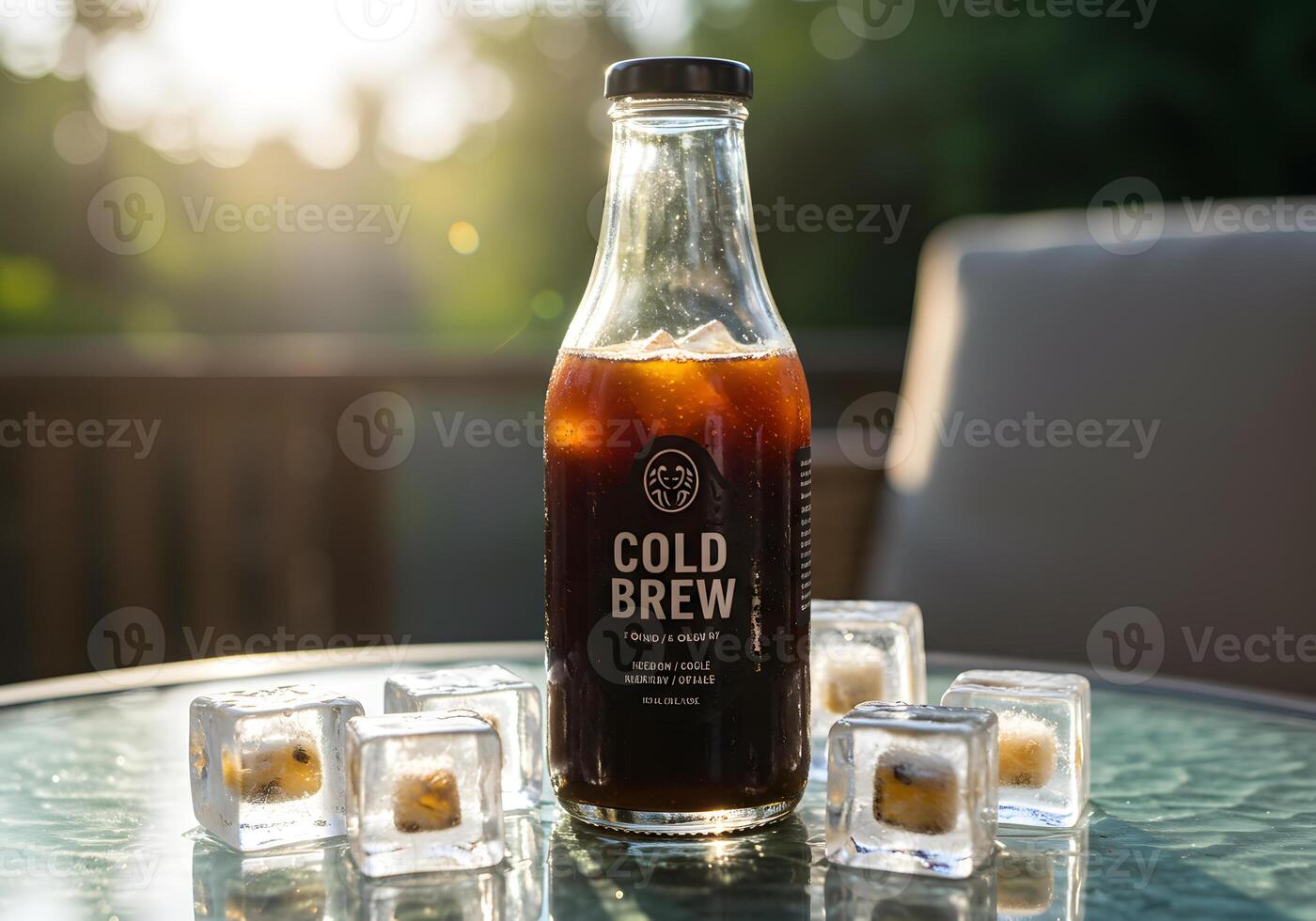 Cold brew coffee bottle on table photo