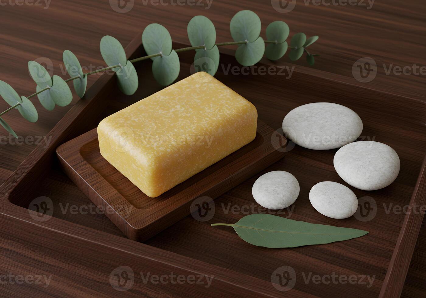 Natural soap display on wooden tray photo