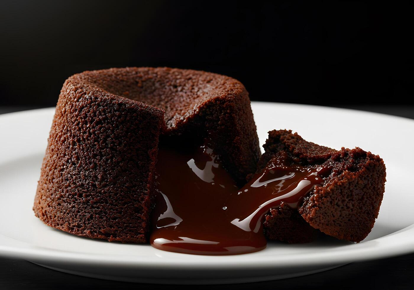 Chocolate lava cake on white plate with molten chocolate center photo