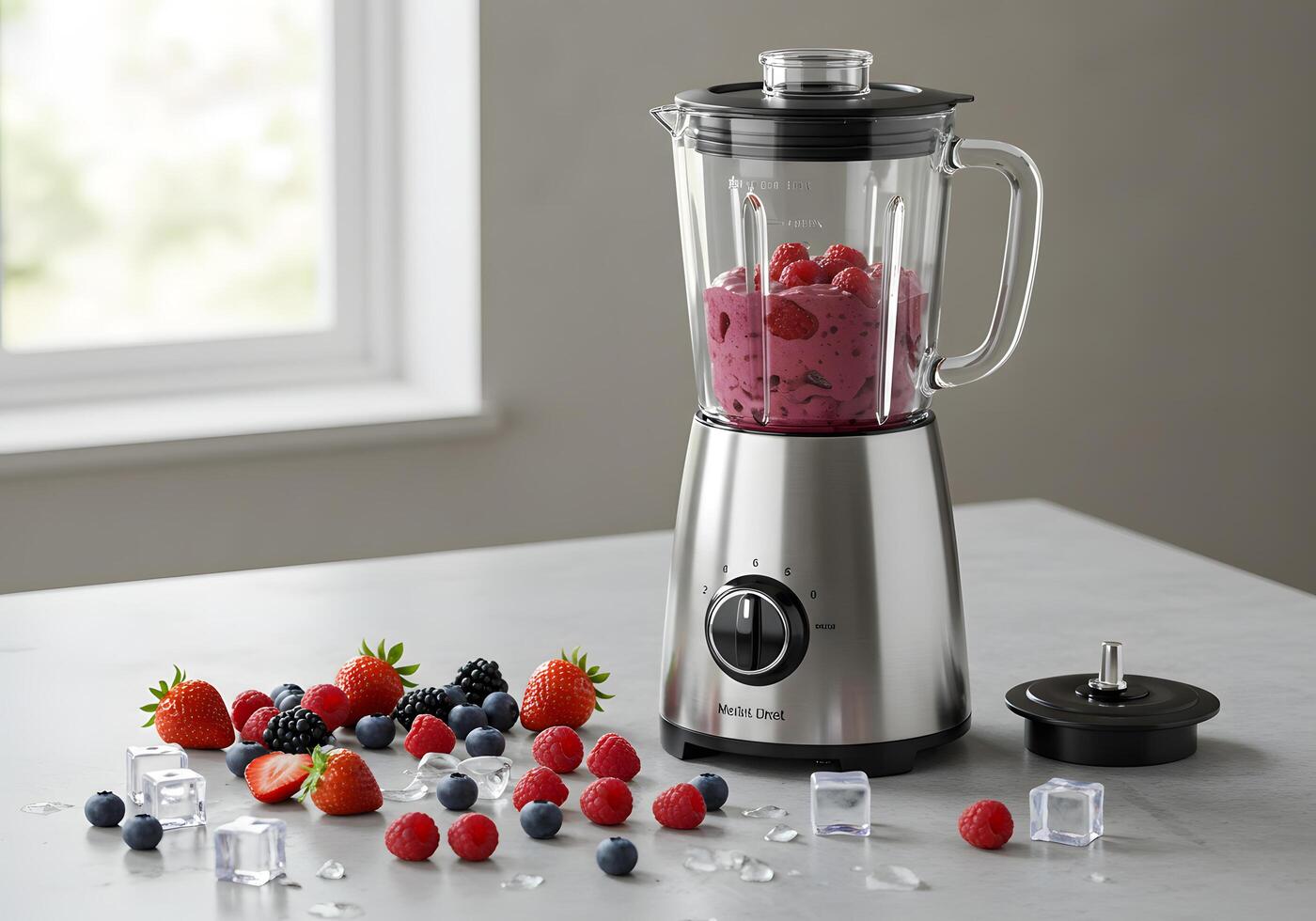 Blender with berries fresh fruit smoothie preparation on a white surface photo