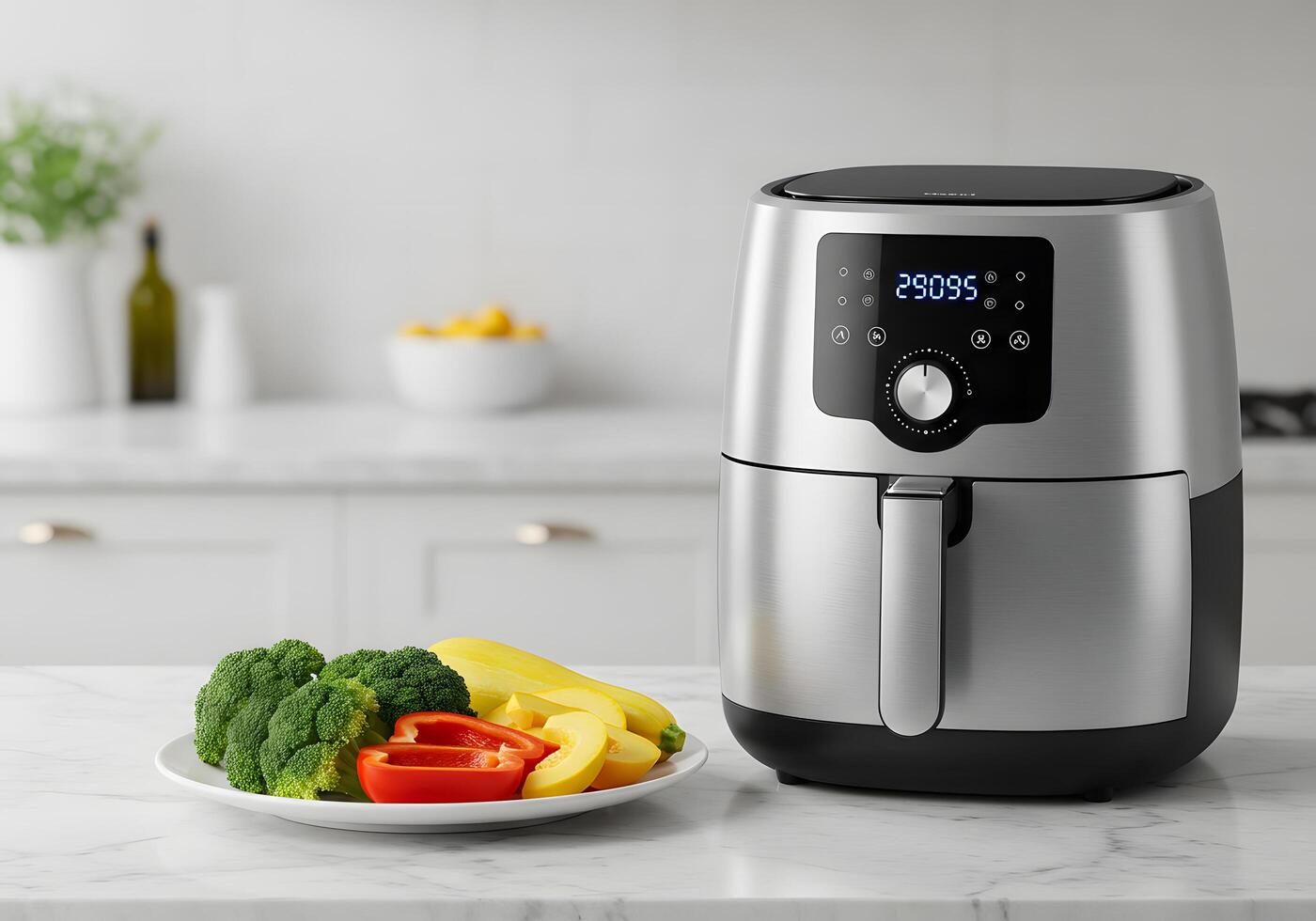 Air fryer and fresh vegetables on a countertop for healthy cooking photo