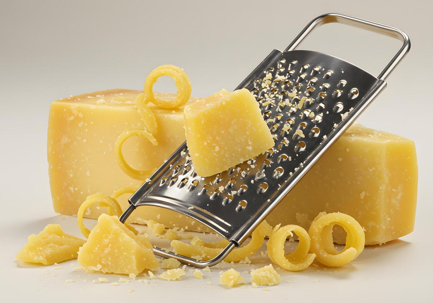 Cheese blocks with grater showcasing preparation of various food ingredients photo