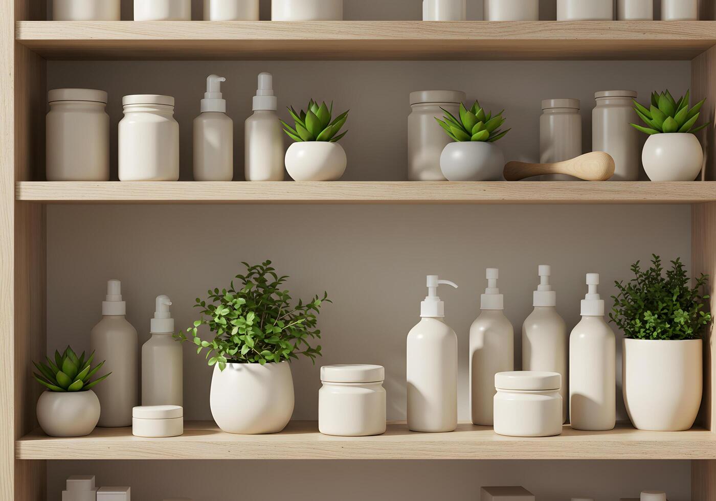 Arrangement of various containers and plants on wooden shelves photo