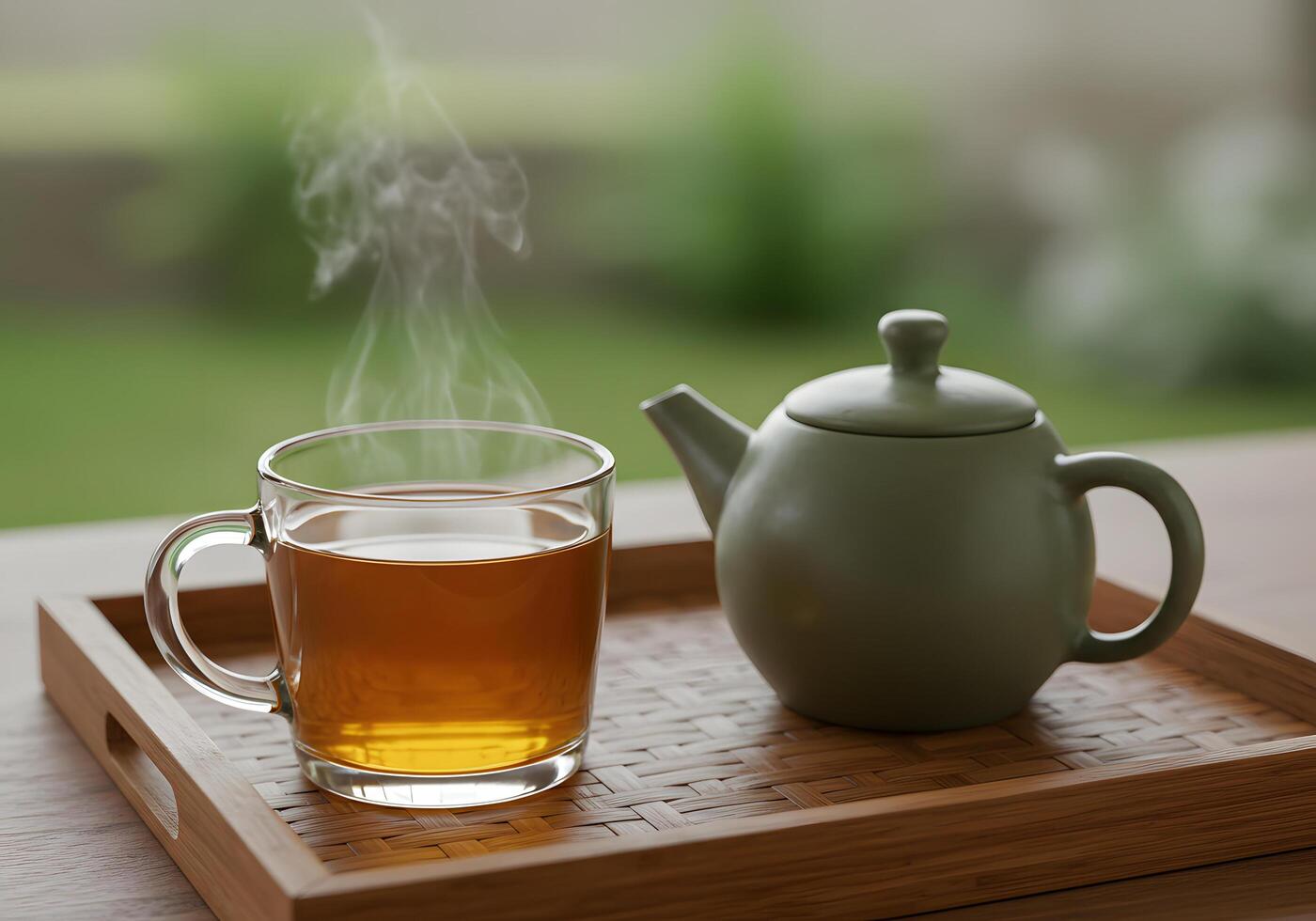 Cup of hot tea and teapot on wooden tray relaxation and beverages photo