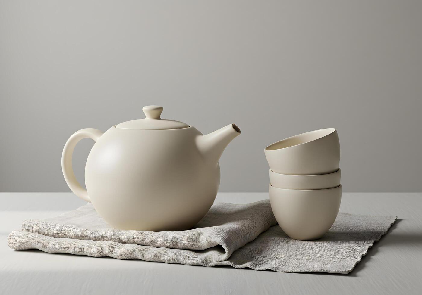 Elegant ceramic teapot and teacups on linen cloth for tea time presentation photo