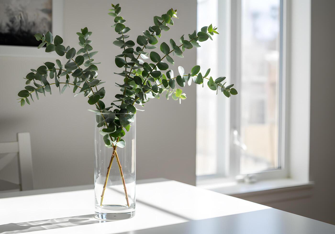 Eucalyptus branches in glass vase on white table with sunlight in interior photo
