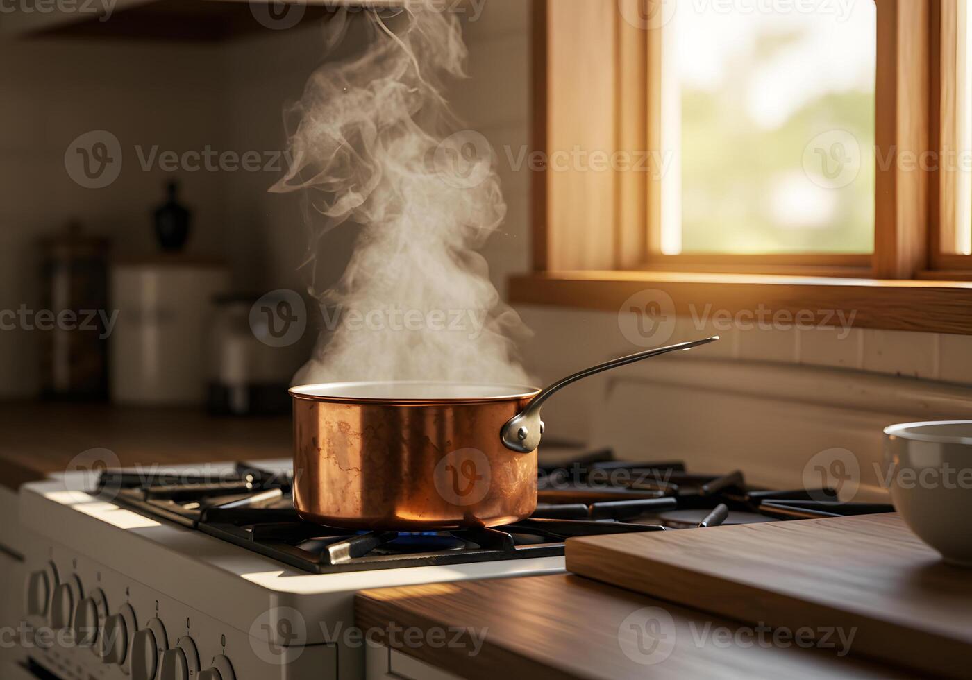 Cooking pot on a stovetop with steam rising and window background photo