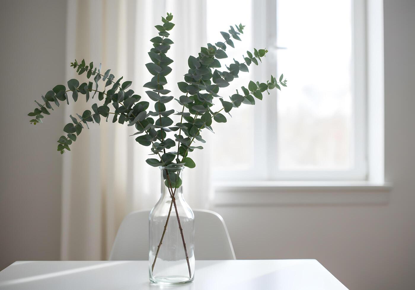 Eucalyptus branches in a glass vase on a white table soft natural light photo