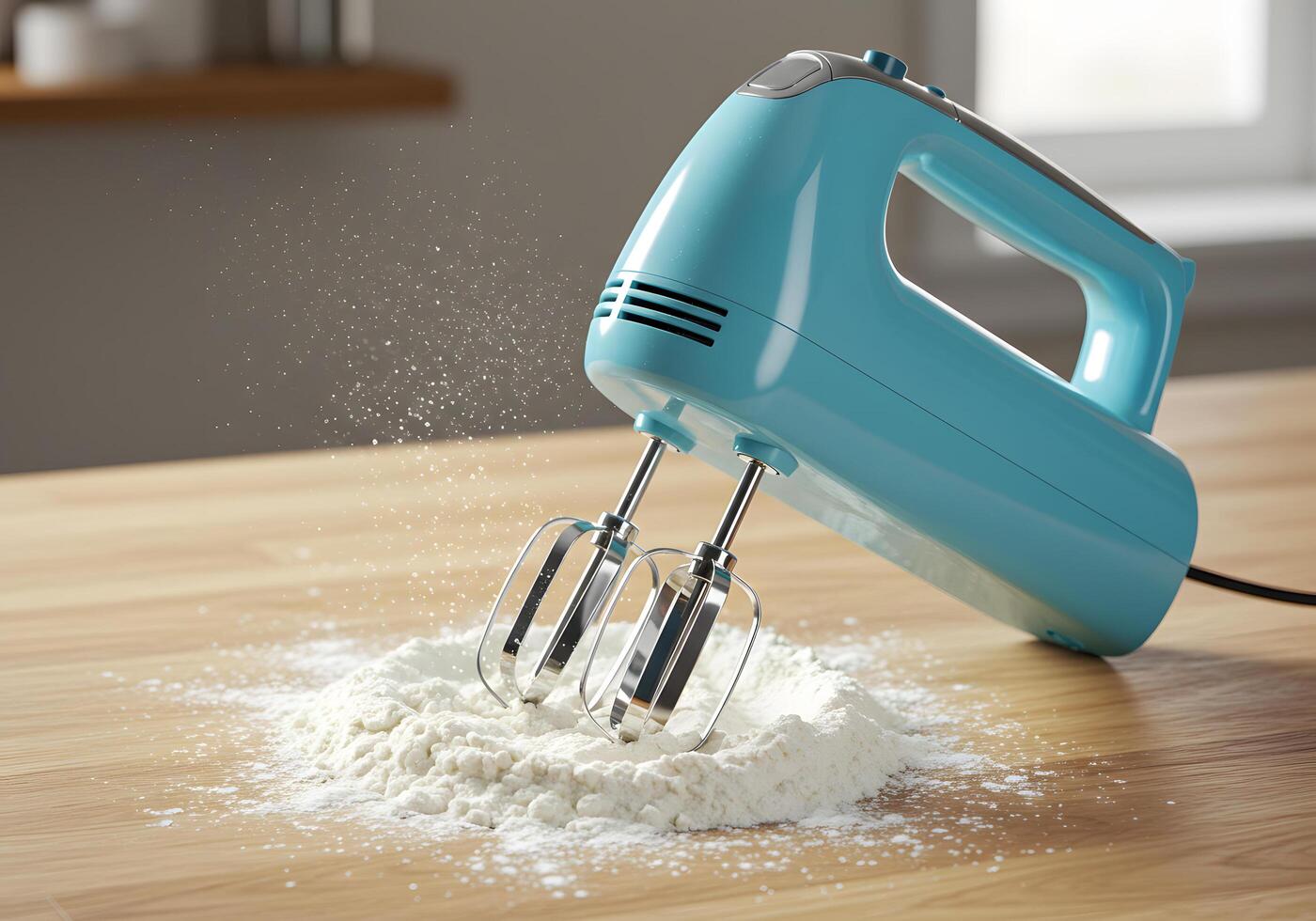 Electric mixer mixing flour on a wooden surface for culinary projects photo