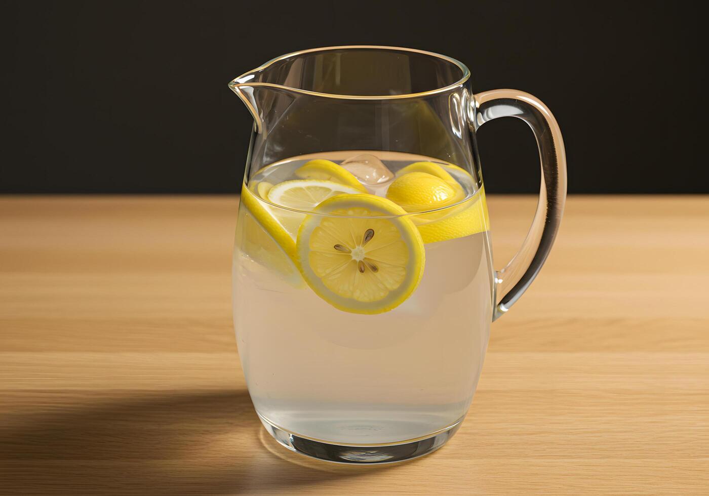 Glass pitcher of refreshing lemon water on wooden surface with dark background photo