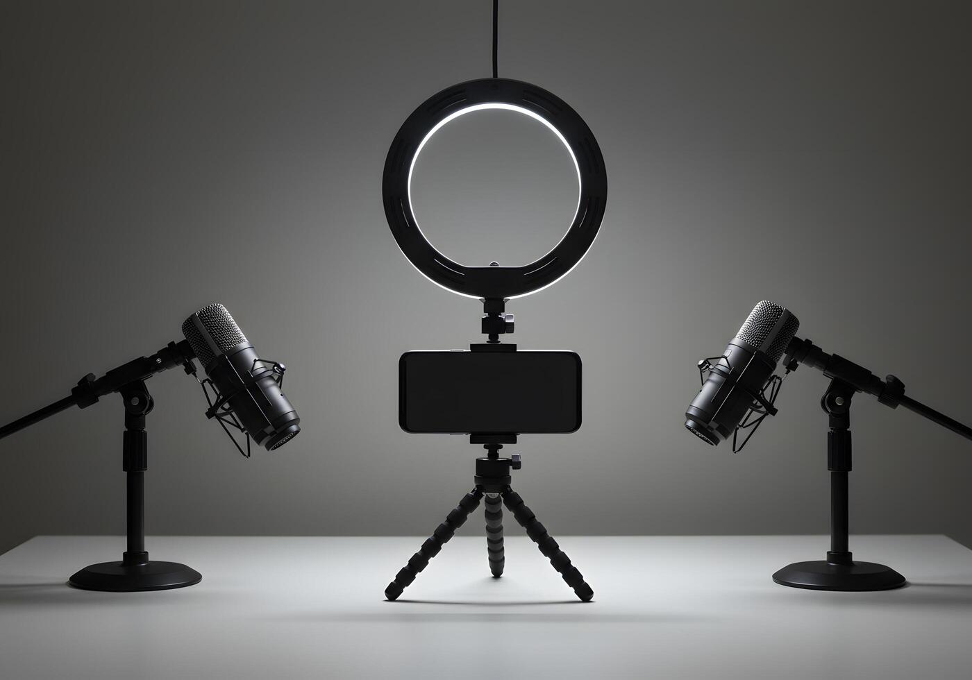 Modern podcast recording setup smartphone microphone and ring light photo