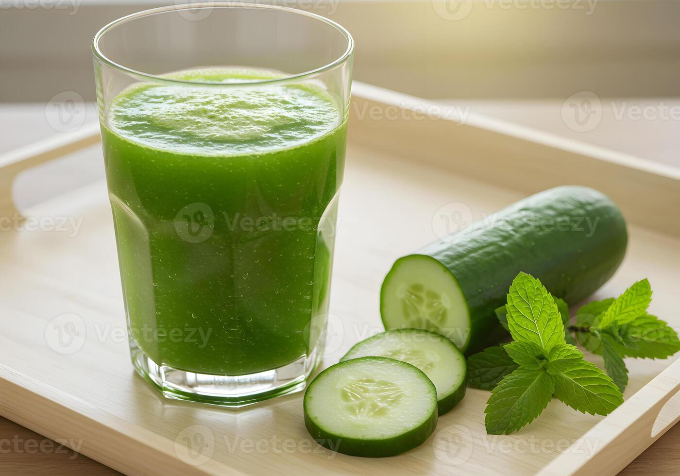 Fresh green juice in glass with cucumber and mint on wooden tray photo