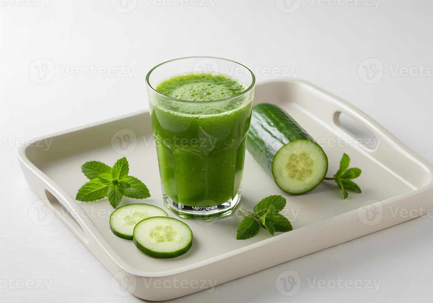 Refreshing green cucumber juice with mint on a tray for healthy lifestyle photo