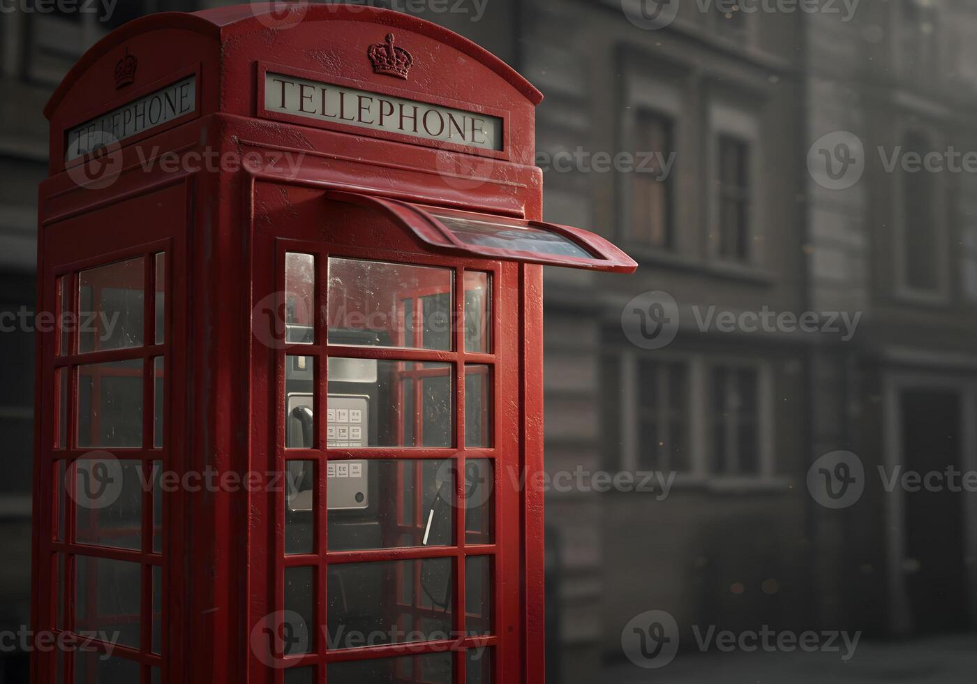 Red telephone box against a blurred urban backdrop classic call kiosk photo