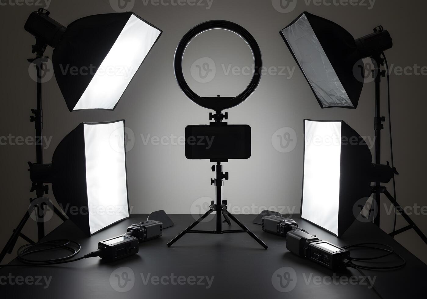 Professional studio lighting setup with softboxes and ring light photo