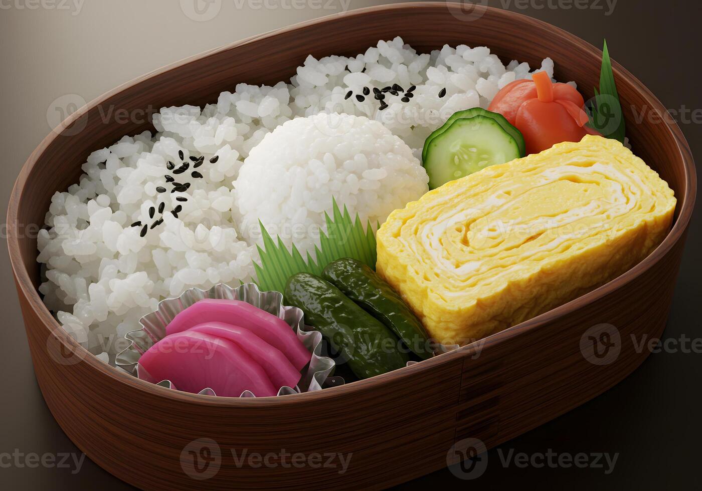Traditional japanese bento box with rice omelet and pickled vegetables photo