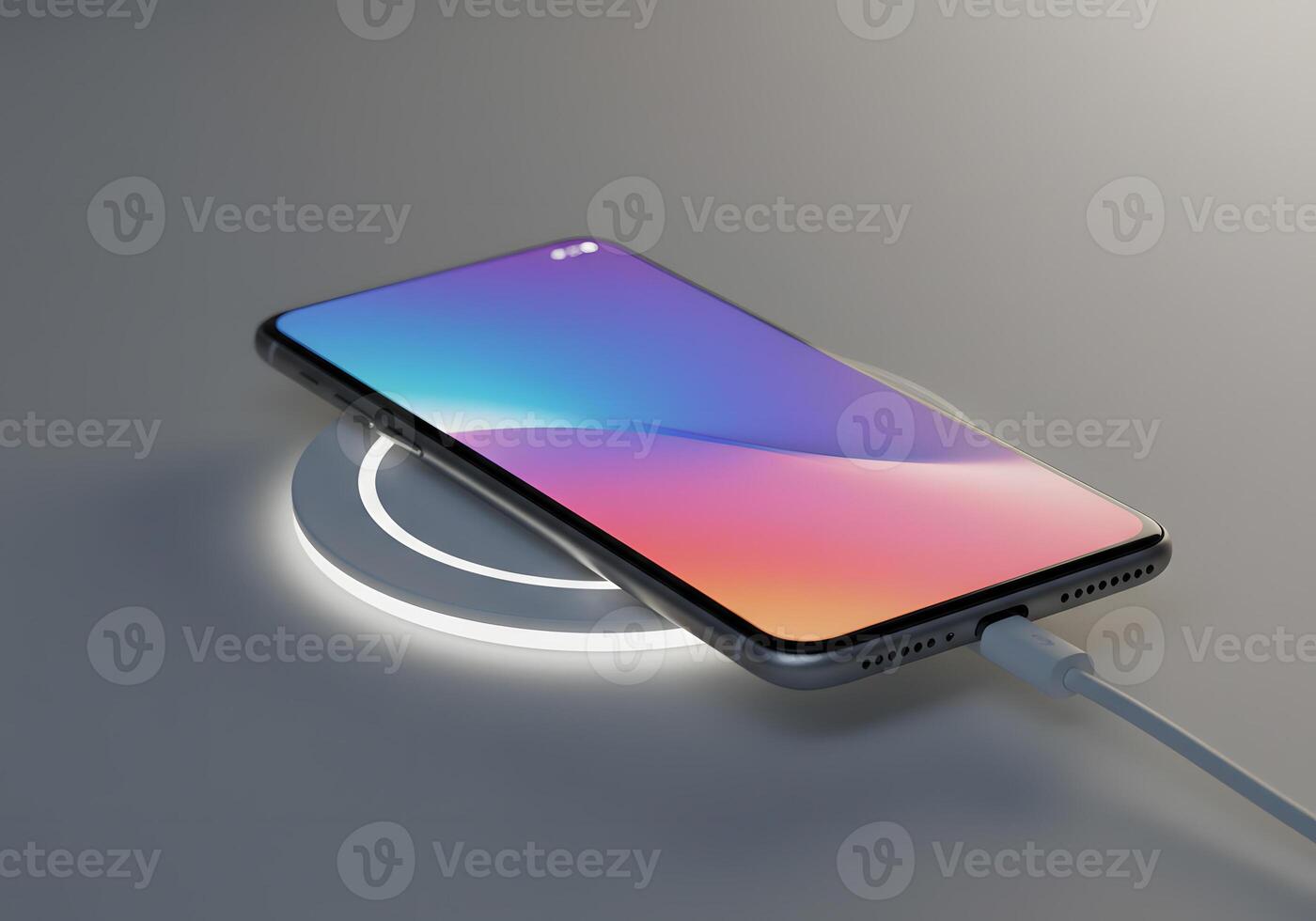 Smartphone on wireless charger modern technology and digital communication photo