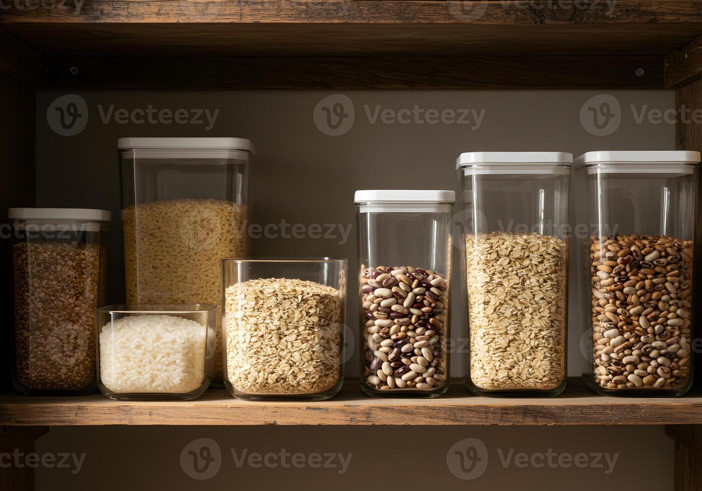 Various grains and beans in clear containers neatly arranged on wooden shelves photo