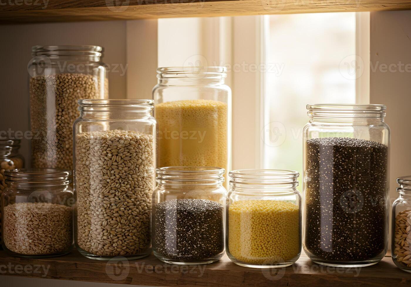 Variety of grains and seeds stored in glass jars on wooden shelf photo