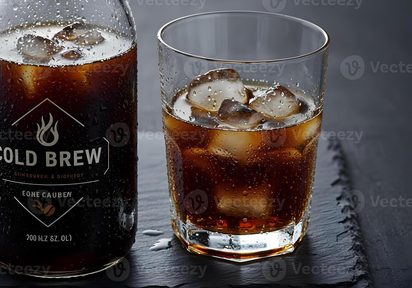 Cold brew coffee drink with ice cubes in glass for refreshing beverage concept photo
