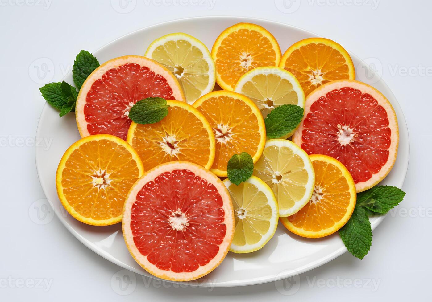 Colorful sliced citrus fruits on a white plate for healthy eating photo