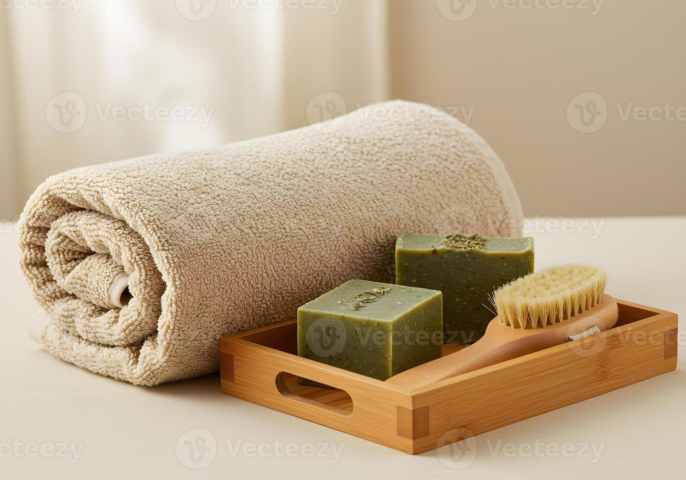 Rolled towel and soap with brush on wooden tray spa and wellness concept photo