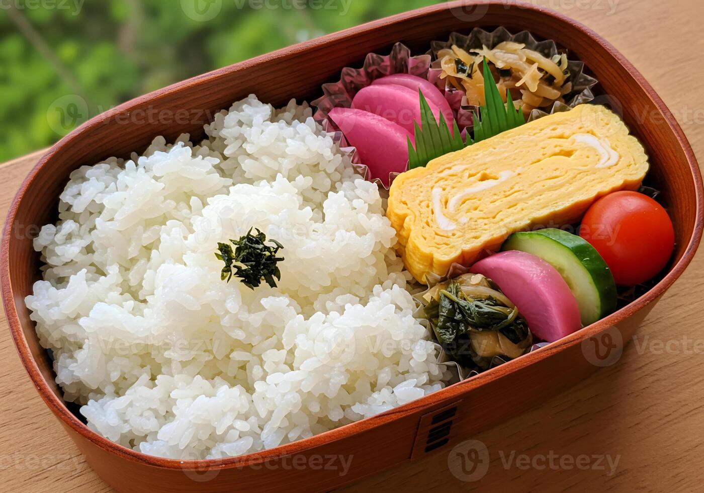 Healthy japanese bento box with rice egg vegetables and wooden container photo