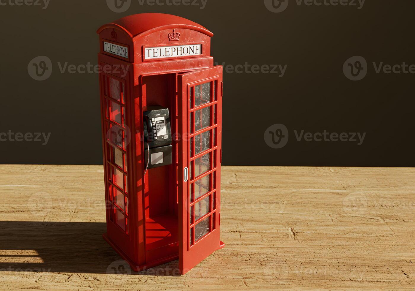 Miniature red telephone box with open door on a wooden surface photo