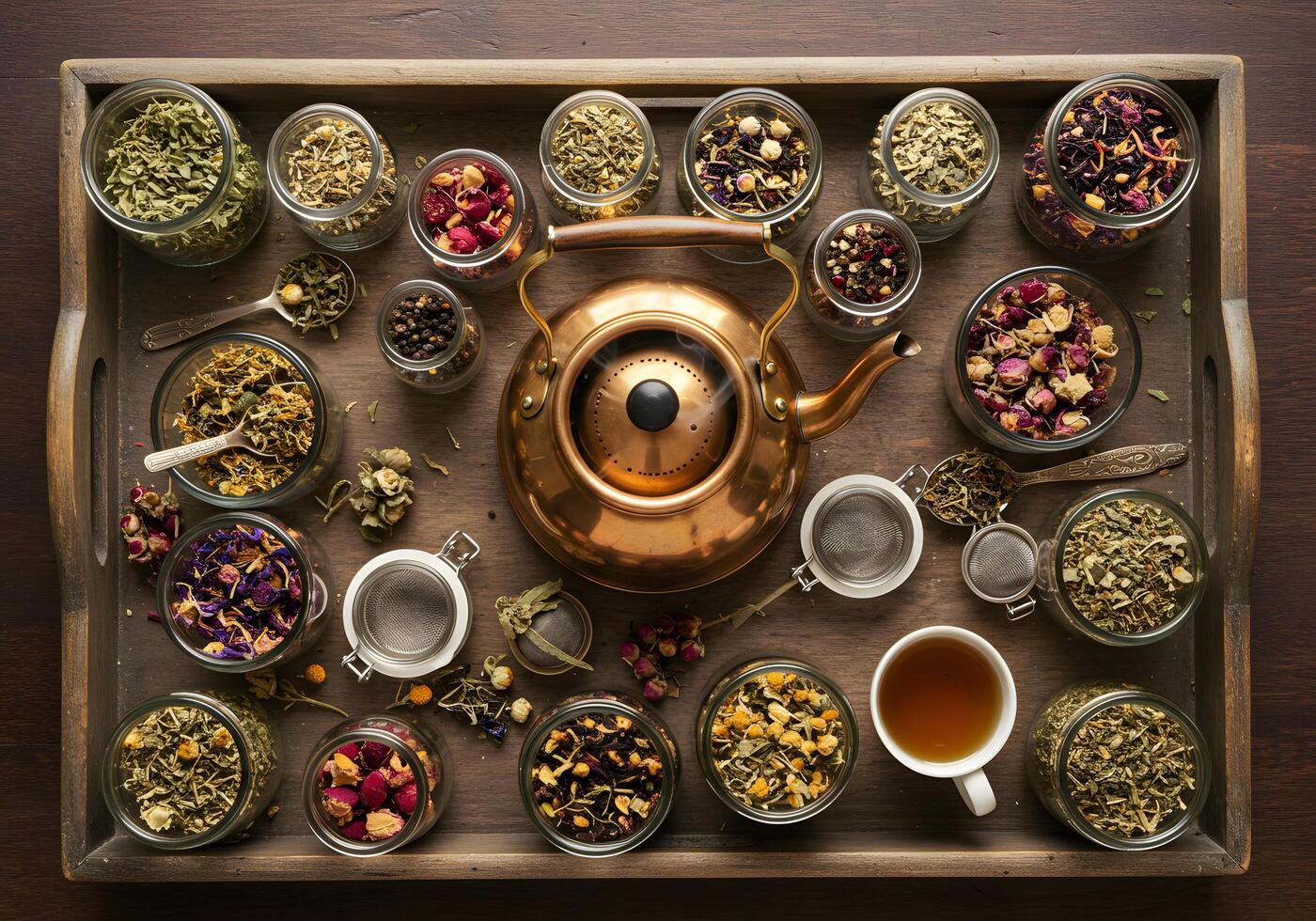 Assorted teas on wooden tray photo