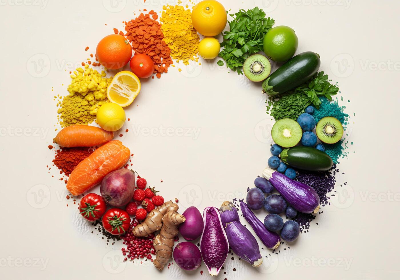 Colorful fruits and vegetables circle arrangement photo