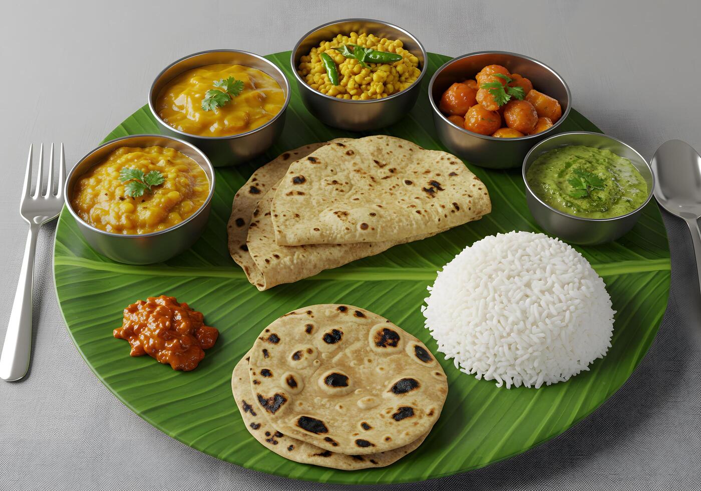 Indian cuisine platter on banana leaf photo