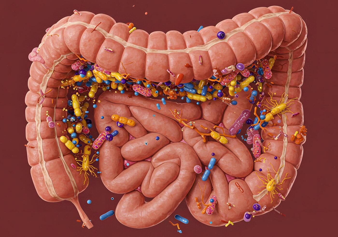 Human digestive system with microorganisms illustration photo