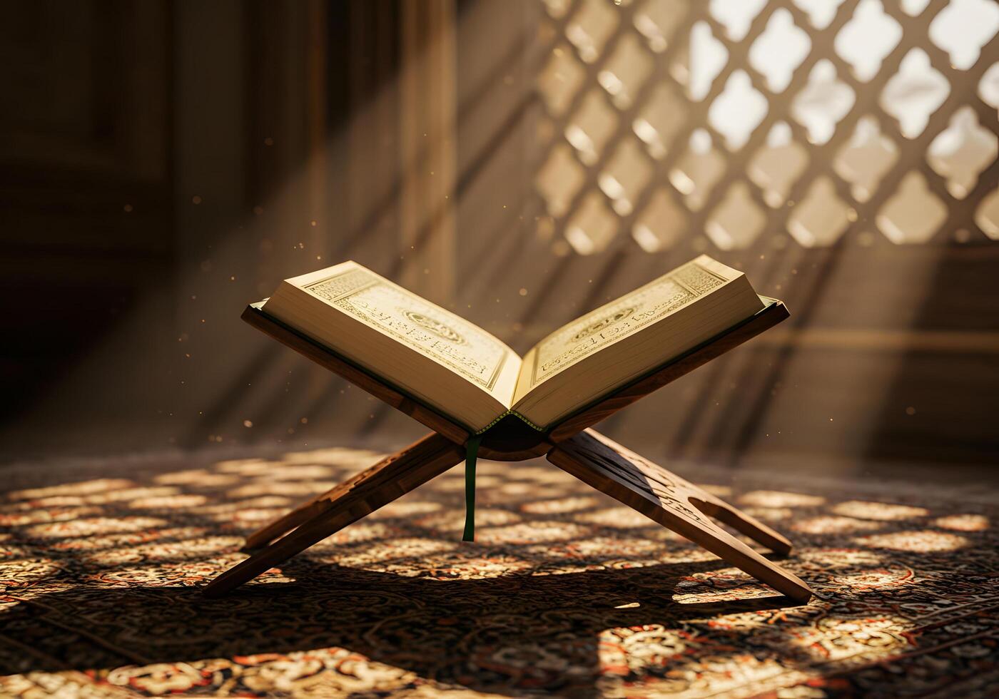 Open religious book on wooden stand photo