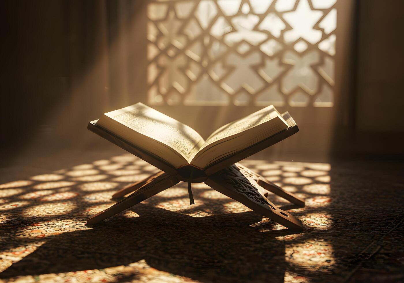 Open book on wooden stand illuminated by sunlight photo