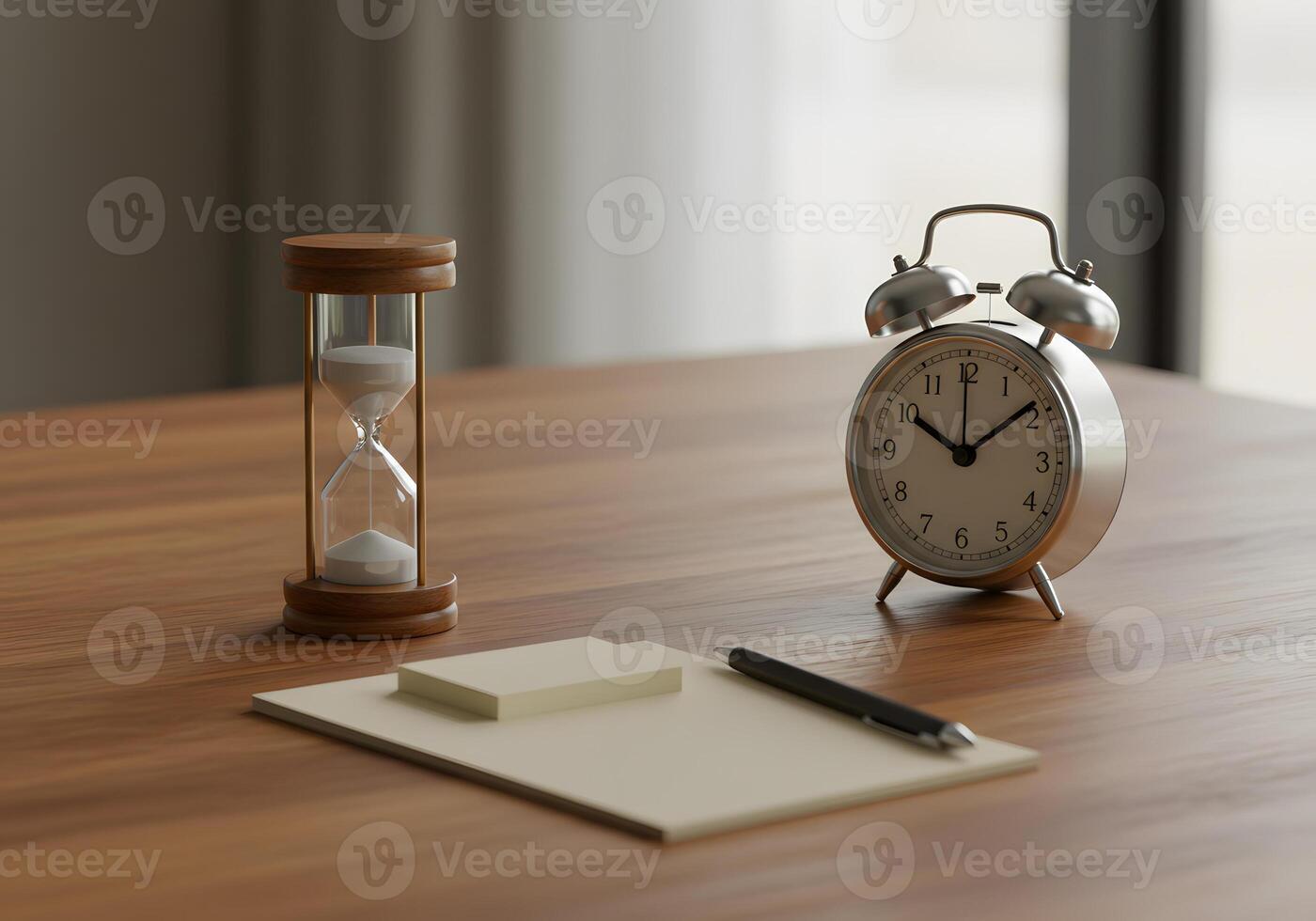 Time management objects on wood table photo