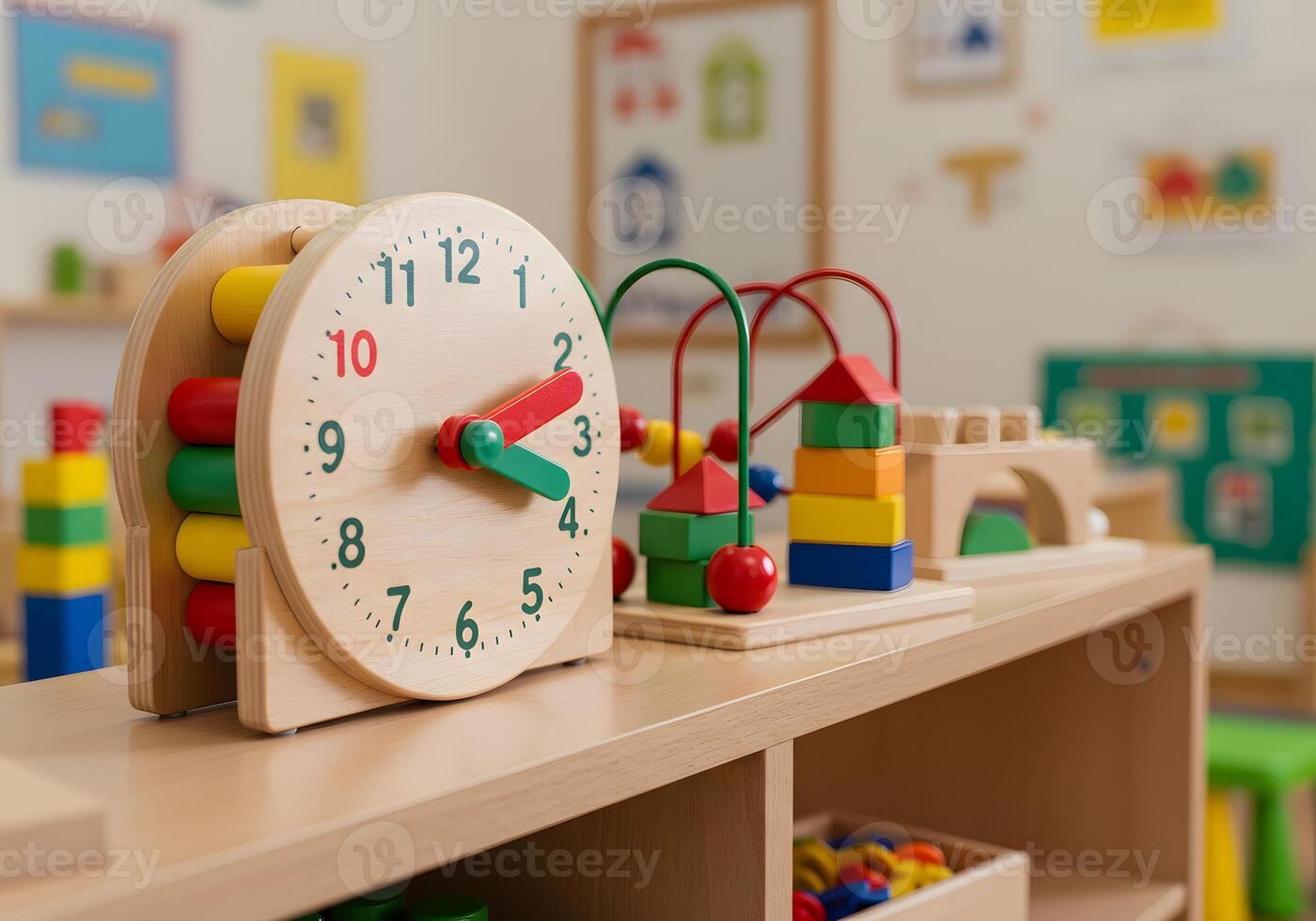 Colorful educational toys and clock in classroom photo
