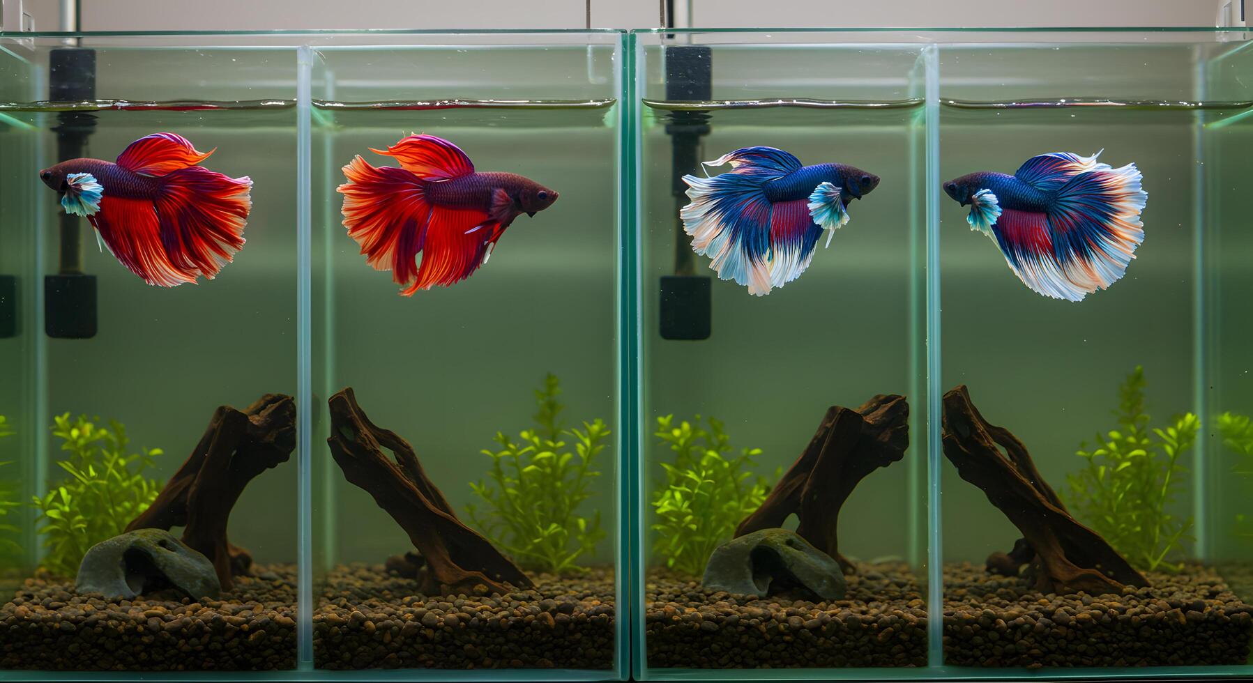 Colorful betta fish in aquariums photo