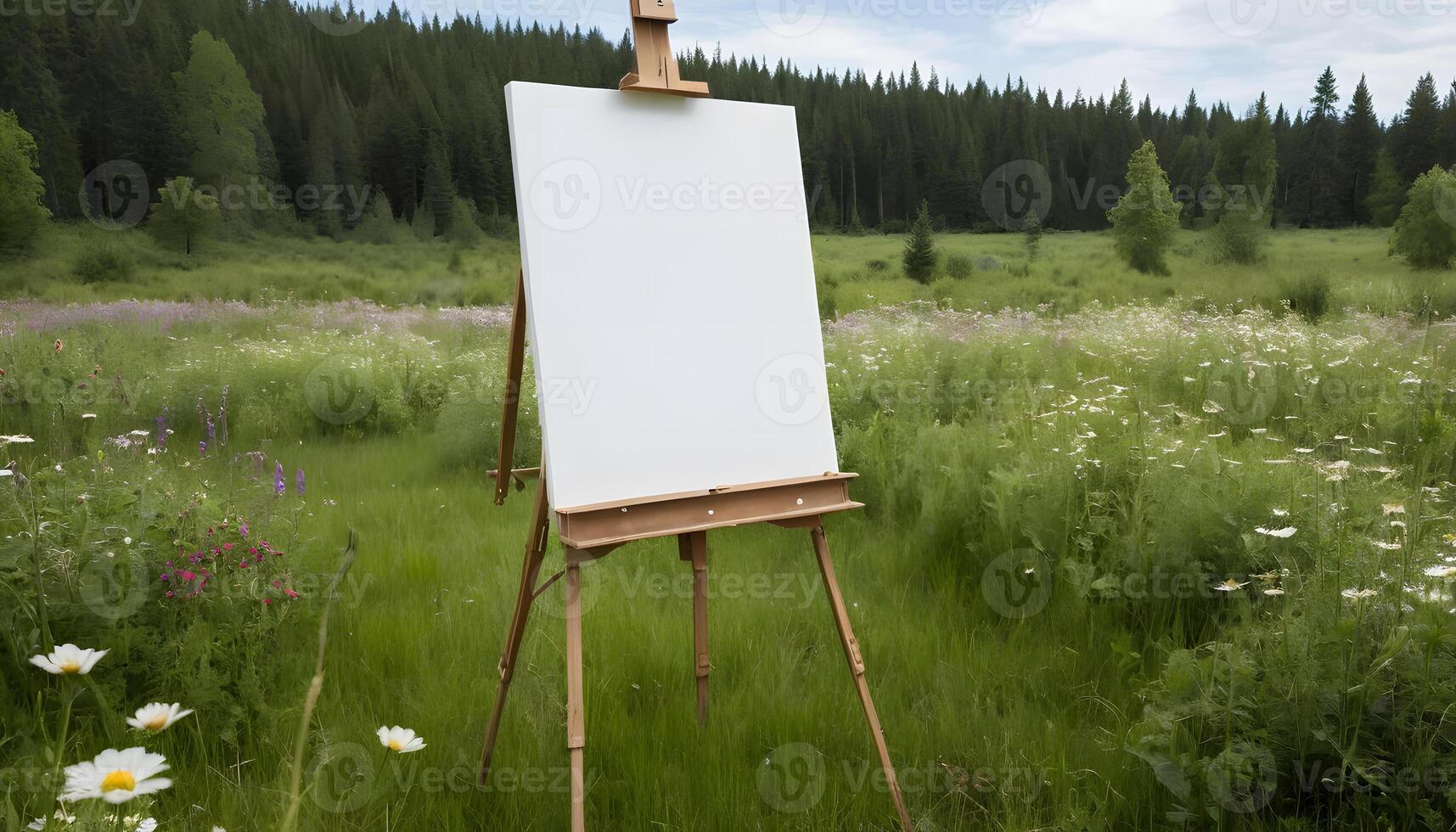 white canvas on easel in wildflower meadow photo