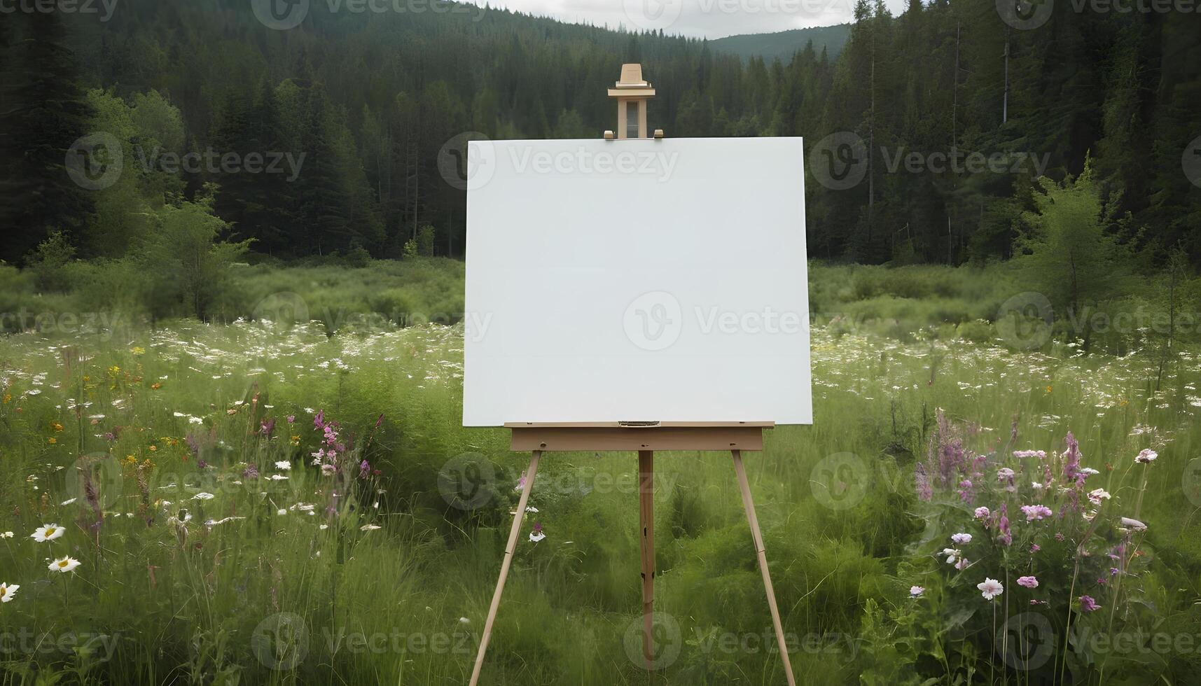 Blank canvas on easel in wildflower photo