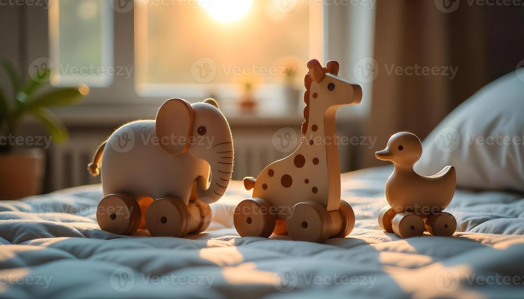 Wooden animal toys on a bed photo