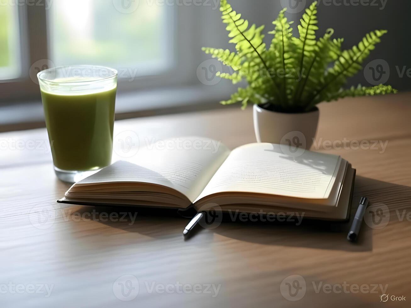Healthy drink and open notebook photo